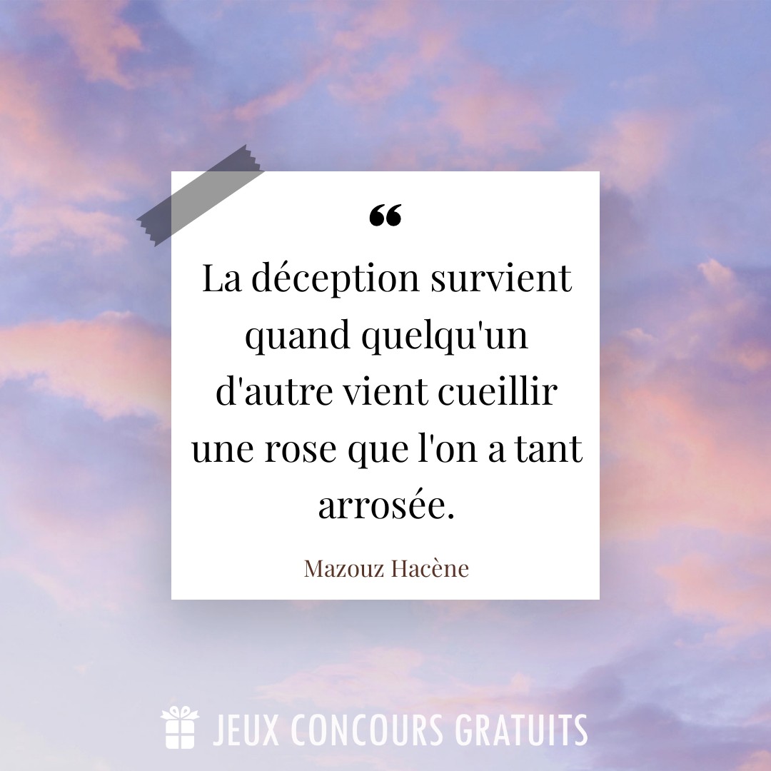 Citation Mazouz Hacène : La déception survient quand quelqu'un d'autre vient cueillir une rose que l'on a tant arrosée....