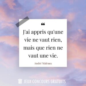 Citation André Malraux : J'ai appris qu'une vie ne vaut rien, mais que rien ne vaut une vie....