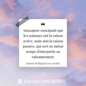 Citation Johann Wolfgang Von Goethe : Anaxagore enseignait que les animaux ont la raison active, mais non la raison passive, qui sert en même temps d'interprète au raisonnement....